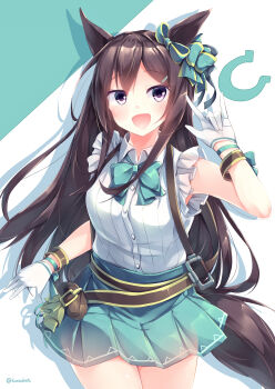 Rule 34 | 1girl, absurdres, animal ears, aqua bow, blush, bow, bowtie, bracelet, breasts, brown hair, center frills, commentary request, ear bow, frilled shirt, frills, gloves, green bow, green bowtie, green skirt, hair between eyes, hair ornament, hairclip, highres, horse ears, horse girl, horse tail, jewelry, kanzakietc, long hair, looking at viewer, medium breasts, mejiro dober (off the line) (umamusume), mejiro dober (umamusume), open mouth, purple eyes, shirt, skirt, sleeveless, sleeveless shirt, smile, solo, tail, umamusume, white gloves, white shirt