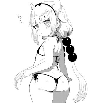 1girl ? ass beads bikini blunt_bangs blush butt_crack closed_mouth cowboy_shot dragon_girl dragon_horns flat_chest from_behind greyscale hair_beads hair_ornament hairband horns jitome kanna_kamui kobayashi-san_chi_no_maidragon kyojiri_loli loli long_hair looking_at_viewer looking_back low_twintails micro_bikini monochrome mrhunking side-tie_bikini_bottom simple_background slit_pupils solo standing string_bikini swimsuit thighs thong_bikini twintails very_long_hair white_background