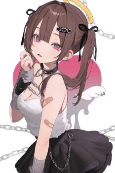 Rule 34 | 1girl, absurdres, animal ears, bandaid, bandaid on arm, black choker, black nails, black skirt, breasts, camisole, chain, choker, cleavage, commentary, detached wings, ear piercing, grey arm warmers, halo, hamunezuko (nezukonezu32), hand up, highres, looking at viewer, medium breasts, mole, mole under eye, open mouth, original, piercing, pink eyes, skirt, solo, twintails, white camisole, wings