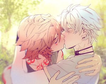 2boys arm_up black_choker blonde_hair blue_shirt blush braid choker closed_eyes collarbone facial_mark fingernails gradient_hair grey_tank_top highres honkai:_star_rail honkai_(series) hug kiss kremmosu male_focus multicolored_hair multiple_boys mydei_(honkai:_star_rail) neck_tattoo parted_bangs phainon_(a_dream_scented_in_wheat)_(honkai:_star_rail) phainon_(honkai:_star_rail) profile red_hair red_tattoo shirt short_hair short_sleeves side_braid single_braid sun_symbol sun_tattoo tan tank_top tattoo upper_body white_hair yaoi