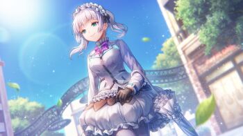 1girl black_bow black_gloves blue_sky blunt_bangs blunt_ends bow bowtie breasts closed_mouth commentary cowboy_shot day dutch_angle english_commentary eyelashes falling_leaves floating_hair frilled_skirt frills gloves green_eyes grey_hair hair_bow hairband heaven_burns_red highres hime_cut holding holding_umbrella jacket leaf lens_flare light_particles lolita_fashion lolita_hairband long_sleeves looking_ahead medium_breasts medium_hair official_art outdoors pantyhose parasol purple_bow purple_bowtie ribbon-trimmed_sleeves ribbon_trim sidelocks skirt sky smile solo striped_bow striped_bowtie striped_clothes sugawara_chie suit_jacket sunlight third-party_source umbrella white_jacket white_pantyhose white_skirt white_umbrella