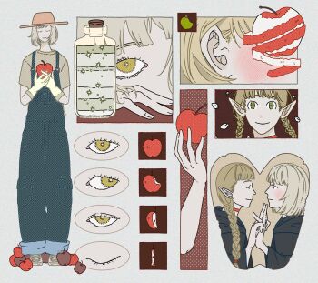 2girls apple blonde_hair blue_overalls bottle braid closed_eyes commentary contemporary couple dungeon_meshi elf falin_touden food from_side fruit full_body highres holding holding_food holding_fruit holding_hands long_hair looking_at_viewer marcille_donato multiple_girls multiple_views nogoodwithcat overalls pointy_ears profile short_hair standing symbol-only_commentary twin_braids upper_body yuri