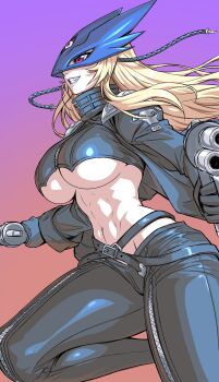 1girl abs beelstarmon belt black_belt black_coat black_gloves black_mask black_pants black_vest blonde_hair breasts coat commentary cropped_vest digimon digimon_(creature) dual_wielding english_commentary eye_mask fang gloves gradient_background grin groin gun highres holding holding_gun holding_weapon large_breasts leather leather_pants lipstick long_hair makeup mask multiple-barrel_gun navel open_clothes open_coat pants purple_eyes purple_lips shiny_clothes sidelocks simple_background smile solo standing standing_on_one_leg stomach teeth third_eye tight_clothes tight_pants underboob vest weapon zantyarz zipper