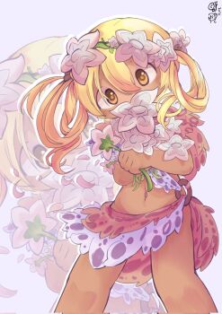 Rule 34 | 1girl, animal print, blonde hair, brown capelet, capelet, commentary, cowboy shot, dark-skinned female, dark skin, dipfal, flower, fur skirt, hair between eyes, hair flower, hair ornament, hair rings, head wreath, highres, holding, holding flower, irumyuui, leopard print, looking at viewer, looking down, made in abyss, medium hair, midriff, navel, no nose, purple background, simple background, white flower, yellow eyes