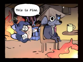 2boys :d @_@ aedd_(e.g.o) animal_ears animalization bamboo-hatted_kim black_coat bleeding blood blue_hair blue_jacket burning burning_building cat cat_ears chair coat cup dog dog_ears e.g.o_(project_moon) english_text hashtag-only_commentary hat heterochromia highres hohenheim_(project_moon) id_card jacket jingasa limbus_company lying meme multiple_boys necktie on_chair on_side open_mouth project_moon red_necktie round_eyewear shoggoth_(sirens20211) short_hair sitting smile speech_bubble table this_is_fine_(meme) unconscious white_trim