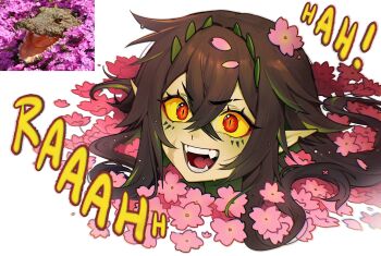 1girl absurdres brown_hair cherry_blossoms colored_skin commentary crocodile_girl english_commentary fangs green_skin green_streaks highres indie_virtual_youtuber kairyu_crocodile long_hair momote open_mouth pointy_ears sidelocks smile solo very_long_hair virtual_youtuber