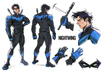 1boy batman_(series) belt black_bodysuit blue_bodysuit blue_mask bodysuit dc_comics dick_grayson eye_mask highres male_focus marvel marvel_rivals mask multicolored_bodysuit nightwing skcd_loen solo superhero_costume taut_bodysuit two-tone_bodysuit utility_belt
