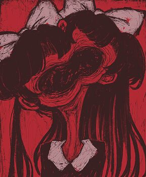 1girl 2girls body_horror bow collared_dress commentary_request dress gestart333 hair_bow horror_(theme) large_bow long_hair long_neck merging_bodies monochrome multiple_girls original parted_bangs red_background red_theme simple_background upper_body
