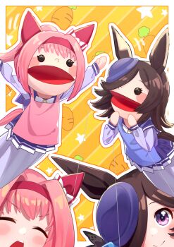 2girls absurdres animal_ears blue_flower blush border bow bowtie brown_hair carrot_background closed_eyes commentary_request dress ear_covers ear_ribbon flower freely2327 hair_flower hair_ornament hair_over_one_eye haru_urara_(umamusume) hat headband highres horse_ears horse_girl horse_tail long_hair long_sleeves mini_hat multiple_girls open_mouth orange_background outline outside_border pink_hair pleated_dress ponytail puppet purple_dress purple_eyes purple_sailor_collar red_headband ribbon rice_shower_(umamusume) sailor_collar sailor_dress school_uniform sidelocks smile striped_background tail teeth tilted_headwear tracen_school_uniform umamusume upper_teeth_only white_border white_bow white_bowtie white_outline white_ribbon winter_uniform