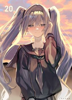 1girl black_serafuku blue_eyes blue_hair blush commentary_request crying glow_(vocaloid) hair_intakes hand_in_own_hair hatsune_miku highres long_hair long_sleeves pleated_skirt revision school_uniform serafuku skirt smile solo soyaka sunset tears twintails upper_body very_long_hair vocaloid