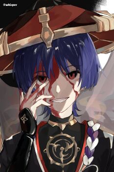 Rule 34 | 1boy, absurdres, alternate eye color, armor, black bodysuit, black kimono, black sleeves, bleeding, blood, blood from forehead, blood on hands, blunt ends, bodysuit, choppy bangs, commentary, english commentary, evil grin, evil smile, genshin impact, gold, grey veil, grin, hand up, hat, highres, japanese armor, japanese clothes, jewelry, jingasa, juban, kimono, kote, kurokote, looking at viewer, male focus, mitsudomoe (shape), monochrome background, neck ring, open clothes, open kimono, portrait, purple hair, red eyes, red hat, red kimono, scaramouche (genshin impact), smile, solo, straight-on, teeth, tomoe (symbol), turtleneck, turtleneck bodysuit, twitter username, veil, whisper (suisuibingtang), white kimono