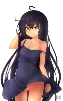 Rule 34 | 10s, 1girl, black dress, black hair, cleft of venus, collarbone, covered navel, dress, female focus, flat chest, hand in own hair, highres, long hair, looking at viewer, master nemesis, no panties, petite, pussy, signature, simple background, solo, strap slip, tilt-shift (azalanz), to love-ru, to love-ru darkness, uncensored, upskirt, very long hair, white background, wind, wind lift, yellow eyes