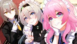 Rule 34 | 3girls, agino, alternate costume, black jacket, blue eyes, blush, commentary, enmaided, firefly (honkai: star rail), gloves, grey hair, grin, hair between eyes, hand on own cheek, hand on own face, head tilt, highres, honkai: star rail, honkai (series), jacket, long hair, long sleeves, looking at viewer, maid, maid headdress, march 7th (honkai: star rail), multiple girls, pink hair, purple eyes, smile, stelle (honkai: star rail), trailblazer (honkai: star rail), v, white gloves, yellow eyes