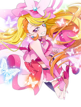 Rule 34 | 1girl, ankle boots, belt, black belt, blonde hair, boots, bow, braid, braided bangs, bridal gauntlets, brooch, bug, butterfly, butterfly hat ornament, commentary request, cropped shirt, cure butterfly, earrings, elbow gloves, floating, frilled shirt, frills, gloves, glowing butterfly, gradient gloves, grin, hat, hat ornament, highres, hijiri ageha, hirogaru sky! precure, insect, jewelry, legs up, long hair, looking at viewer, magical girl, microskirt, midriff, mob cap, multicolored hair, orange hair, pantyhose, pink boots, pink gloves, pink hat, pink shirt, pink skirt, pleated skirt, precure, purple eyes, purple pantyhose, red bow, shirako love, shirt, showgirl skirt, simple background, single leg pantyhose, skirt, skirt bow, sleeveless, sleeveless shirt, smile, solo, thigh strap, tilted headwear, twitter username, two-tone hair, very long hair, white background, wing brooch