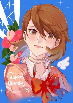 1girl angel_wings birthday blue_background blush bow bowtie brown_eyes brown_hair cardigan choker closed_mouth collared_shirt commentary_request cropped_torso dated detached_wings earrings eyelashes flipped_hair flower gekkoukan_high_school_uniform hair_between_eyes happy_birthday heart heart_choker highres jewelry lips looking_at_viewer loose_bowtie persona persona_3 pink_cardigan pink_flower pink_lips red_bow red_bowtie red_flower ribbed_cardigan school_uniform shirt short_hair smile solo sparkle stud_earrings takeba_yukari tamitsuyo8 twitter_username upper_body white_choker white_shirt white_wings wings