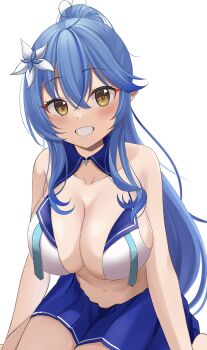 1girl absurdres ahoge blue_hair blue_skirt blue_streaks blush breasts cleavage collarbone commentary_request cowboy_shot crop_top flower grin hair_between_eyes hair_flower hair_ornament heart heart_ahoge highres hololive large_breasts long_hair looking_at_viewer multicolored_hair open_clothes pointy_ears ramkilog simple_background sitting skirt smile solo streaked_hair virtual_youtuber white_background yellow_eyes yukihana_lamy