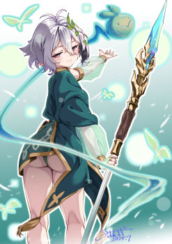 Rule 34 | 1girl, absurdres, antenna hair, ass, dress, elf, flower, green dress, grey hair, hair flower, hair ornament, highres, holding, holding staff, kokkoro (princess connect!), looking at viewer, looking back, magic, pink eyes, pointy ears, princess connect!, see-through clothes, see-through sleeves, short hair, smile, solo, staff, umyonge (lkakeu)