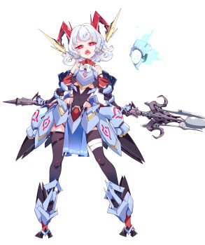 Rule 34 | 1girl, absurdres, armor, bare shoulders, black thighhighs, blue armor, breasts, clothing cutout, covered navel, cutout above navel, detached sleeves, earrings, full body, highres, holding, holding behind back, holding polearm, holding polearm behind back, holding weapon, holding weapon behind back, horn ornament, horn ribbon, horns, jewelry, looking at viewer, mechanical arms, mechanical horns, medium breasts, pelvic curtain, polearm, raptor7, red eyes, red horns, ribbon, sharp teeth, sheep horns, short hair, simple background, skin tight, solo, teeth, thighhighs, touhou, toutetsu yuuma, two-handed, underboob cutout, weapon, white background, white hair