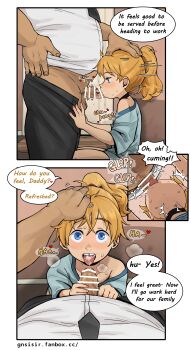 1boy 1girl absurdres after_fellatio age_difference blonde_hair censored choker cum cum_in_mouth cum_on_tongue cum_overflow english_text erection fellatio from_side gnsisir hand_on_another's_head heart hetero highres huge_filesize inside_out inside_out_2 loli motion_lines multiple_views open_mouth oral penis ponytail pov pov_crotch pov_hands profile riley_andersen sequential speech_bubble teeth tooth_gap