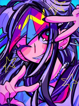 Rule 34 | 1girl, ;d, black hair, black nails, black sailor collar, blue background, blue hair, commentary request, danganronpa (series), danganronpa 2: goodbye despair, earrings, face piercing, fingernails, grin, hair between eyes, haiyang shengwu, hands up, highres, jewelry, long hair, looking at viewer, mioda ibuki, mouth piercing, multicolored hair, nail polish, neckerchief, one eye closed, open mouth, piercing, pink eyes, pink hair, pink neckerchief, portrait, rope, sailor collar, school uniform, sharp fingernails, shirt, sidelocks, simple background, smile, solo, spiked ear piercing, spoilers, star (symbol), streaked hair, stud earrings, twitter username, v, v-shaped eyebrows, v over eye, w, white hair, white shirt