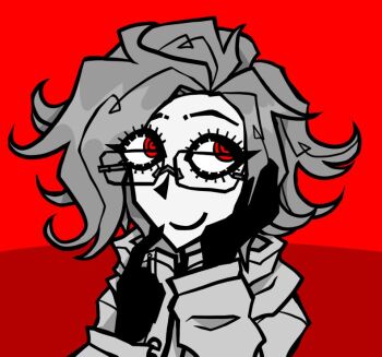 1boy aotsuki_eito black_gloves closed_mouth eyebrows glasses gloves limited_palette long_sleeves messy_hair red_background red_eyes smile solo solo_focus the_hundred_line_-last_defense_academy- upper_body white_hair