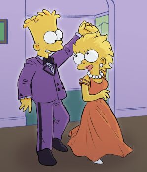 1boy 1girl aged_up alternate_hairstyle bare_shoulders bart_simpson black_bow black_bowtie black_footwear bow bowtie breasts brother_and_sister carpet chawako_(spchawanmushi) cleavage collared_suit colored_skin dancing dress earrings eyelashes formal_clothes grin highres indoors jewelry lisa_simpson necklace open_mouth pearl_earrings pearl_necklace picture_frame pink_lips purple_shirt purple_suit red_dress shirt shoes siblings single_vertical_stripe smile suit the_simpsons tuxedo wavy_hair white_footwear yellow_skin