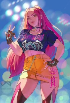 1girl black_gloves boots brown_eyes choker closed_mouth commentary cowboy_shot crop_top earrings fingerless_gloves gloves hand_on_own_hip highres jewelry kpop_demon_hunters long_hair looking_at_viewer mira_(kpop_demon_hunters) pink_hair sidelocks skirt solo thigh_boots thighs twintails xredmhar yellow_skirt