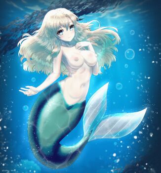 1girl absurdres air_bubble blonde_hair blue_eyes blush bubble commentary_request completely_nude fish green_tail groin hair_between_eyes hand_on_own_chest highres long_hair looking_at_viewer luiiferdev mermaid monster_girl navel nude original signature solo twitter_username underwater watermark