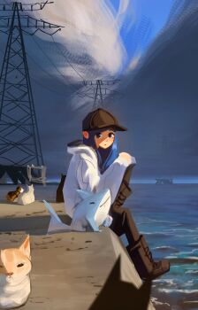 1girl :< absurdres baseball_cap black_boots black_eyes black_hat black_pantyhose black_shorts blue_eyes blue_hair blue_sky boots cat closed_eyes closed_mouth cloud cloudy_sky commentary dark_cloud day english_commentary guantanima_ii_(shadches72) hand_on_own_knee hat highres hood hood_down hoodie long_hair looking_at_viewer monasterio_(shadches72) ocean original outdoors pantyhose power_lines shadches72 shark sharp_teeth shorts sitting sky smile teeth transmission_tower white_hoodie