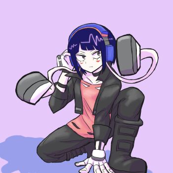 Rule 34 | 1girl, artist request, audio jack, black eyes, black jacket, black pants, blunt bangs, blush, boku no hero academia, breasts, commentary request, earplugs, fingerless gloves, gloves, headphones, highres, jacket, jiro kyoka, long earlobes, open mouth, pants, purple background, purple hair, shirt, short hair, solo