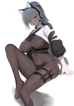 Rule 34 | 1girl, absurdres, animal ear headphones, animal ears, axent wear, black panties, bodysuit, breasts, brown bodysuit, cat ear headphones, cat ears, chest harness, cleavage, closed mouth, commission, covered erect nipples, covered navel, fake animal ears, grey hair, harness, headphones, highres, knee up, large areolae, large breasts, long hair, long sleeves, looking at viewer, namogo, no shoes, original, panties, ponytail, red eyes, see-through cleavage, see-through clothes, shrug (clothing), simple background, smile, solo, thigh strap, underwear, very long hair, white background, white shrug