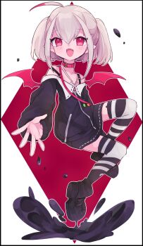1girl absurdres ahoge animal_ear_legwear ankle_boots asymmetrical_legwear badge bare_shoulders belt_collar black_boots black_jacket black_skirt black_thighhighs blush boots border button_badge cat_ear_legwear collar collarbone colored_tips demon_wings diamond_border dyed_ahoge fang floating full_body grey_hair hair_between_eyes highres jacket jewelry looking_at_viewer makaino_ririmu makaino_ririmu_(2nd_costume) medium_hair mikusan miniskirt mismatched_legwear multicolored_hair necklace nijisanji off-shoulder_jacket off_shoulder open_hand open_mouth outline outside_border platform_boots pointy_ears reaching reaching_towards_viewer red_background red_collar red_eyes red_straps red_streaks red_wings shoulder_strap sidelocks skin_fang skirt sleeves_past_wrists smile solo strap_slip streaked_hair striped_clothes striped_thighhighs thighhighs twintails virtual_youtuber white_border white_outline white_thighhighs wings zettai_ryouiki zipper zipper_pull_tab