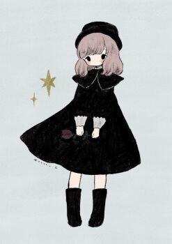 1girl absurdres artist_name black_boots black_dress black_hat boots dress flower full_body grey_background hat highres holding holding_flower looking_at_viewer medium_hair original red_flower red_rose rose simple_background solo tsukihara_kotori