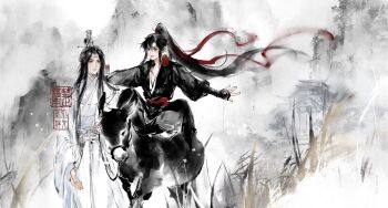 Rule 34 | 2boys, black boots, black eyes, black hair, black hanfu, blue sash, boots, chinese clothes, closed mouth, commentary, commission, couple, donkey, english commentary, faux traditional media, floating hair, grass, grey pants, hair ribbon, hanfu, headband, high ponytail, highres, holding, holding reins, huashengdoufu, indian style, ink wash painting, lan wangji, little apple (donkey), long hair, long sleeves, looking at another, male focus, modao zushi, mountain, multiple boys, open mouth, outdoors, pants, ponytail, red ribbon, red sash, reins, ribbon, riding, riding animal, robe, sash, seal impression, sidelocks, sitting, sky, sleeves past wrists, smile, standing, topknot, very long hair, wei wuxian, white hanfu, white headband, wide sleeves, wind, xiao guan (headdress), yaoi, yaopei, yellow eyes, zhongguo hua