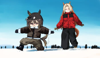 2girls animal_ears black_hair black_mittens blonde_streaks boots brown_eyes brown_hair closed_eyes coat commentary ear_covers ear_ornament grin hair_between_eyes height_difference highres horse_ears horse_girl horse_tail jacket long_hair long_sleeves looking_down mittens motion_lines multiple_girls orange_hair oriental_art_(racehorse) original outdoors padded_jacket pants pants_tucked_in personification rakugosha_(straggler_house) smile snow stay_gold_(umamusume) tail tail_wagging umamusume white_hair winter_clothes winter_coat