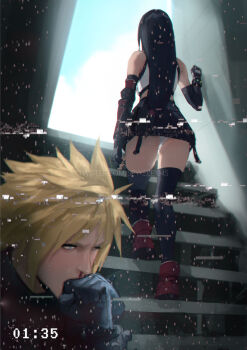 1boy 1girl armor ass_peek bare_shoulders biting biting_another&#039;s_hand black_gloves black_hair black_skirt black_thighhighs blonde_hair blood blue_eyes blue_sky boots clenched_hand cloud cloud_strife cloudy_sky commentary crop_top duplicate elbow_gloves elbow_pads english_commentary final_fantasy final_fantasy_vii final_fantasy_vii_rebirth final_fantasy_vii_remake from_behind full_body glitch gloves hetero highres long_hair low-tied_long_hair miniskirt nosebleed panties pantyshot pixel-perfect_duplicate red_boots shoulder_armor single_arm_guard single_elbow_pad skirt sky spiked_hair spykeee stairs suspender_skirt suspenders sweater tank_top thighhighs thighs tifa_lockhart turtleneck turtleneck_sweater twitter_username underwear upper_body upskirt walking white_panties white_tank_top