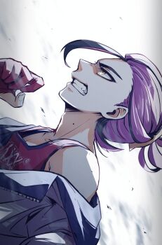 Rule 34 | 1boy, angry, arm up, clenched teeth, commentary request, curled fingers, gura (rick grick), hair tie, hair up, hood, hood down, hooded jacket, jacket, kieran (pokemon), looking ahead, male focus, multicolored hair, nintendo, open clothes, open jacket, pokemon, pokemon sv, ponytail, profile, purple hair, red tank top, short ponytail, single bang, single bare shoulder, solo, streaked hair, tank top, teeth, unzipped, yellow eyes