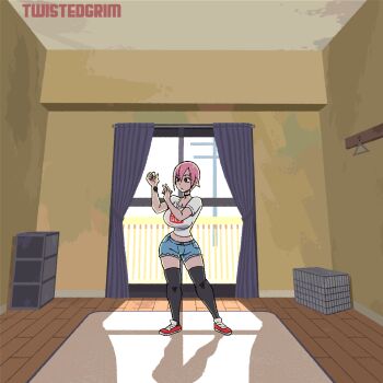 animated animated_gif bouncing_breasts breasts chiho_johansson denim denim_shorts giant giantess gigant growth jeans large_breasts nipples pants papico_(gigant) pink_hair pubic_hair pussy shirt shorts torn_clothes torn_shirt torn_shorts twistedgrim