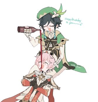 2boys ^_^ alcohol androgynous artist_name ascot baggy_shorts beret black_bow black_bowtie black_gloves black_hair black_shoes blue_hair blush bottle bow bowtie braid buttons cape closed_eyes collared_shirt commentary_request dahlia_(genshin_impact) drinking drunk flower full_body genshin_impact gloves gradient_hair green_cape green_hat green_shorts hair_between_eyes hand_up hat hat_flower hat_ornament holding holding_bottle jacket leaf_hat_ornament lying male_focus multicolored_hair multiple_boys nene_chiru on_back on_lap open_clothes open_jacket open_mouth own_hands_together pantyhose pink_hair red_cape seiza shirt shoes short_hair shorts sitting striped_bow striped_bowtie striped_clothes twin_braids two-sided_cape two-sided_fabric two-tone_hair venti_(genshin_impact) white_ascot white_flower white_hat white_jacket white_pantyhose white_shirt wine wine_bottle yellow_cape