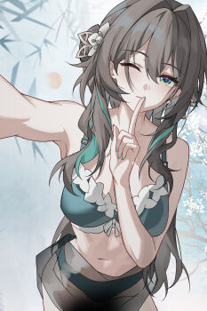 Rule 34 | 1girl, absurdres, bare shoulders, bikini, breasts, brown hair, evzeva, green eyes, highres, honkai: star rail, honkai (series), index finger raised, large breasts, long hair, looking at viewer, navel, one eye closed, ruan mei (honkai: star rail), sarong, smile, solo, swimsuit