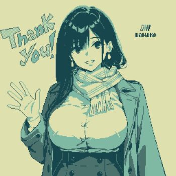 1girl artist_name black_hair button_up_skirt buttons commentary_request earrings facing_viewer hair_behind_ear hair_over_shoulder high-waist_skirt highres impossible_clothes impossible_shirt jacket jewelry limited_palette long_hair looking_at_viewer open_clothes open_jacket original pixel_art scarf shirt skirt smile solo specialhanako thank_you waving