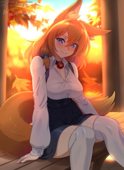1girl absurdres animal_ear_fluff animal_ears artist_name autumn autumn_leaves bell bench blue_eyes dress fox_ears fox_girl fox_tail hair_between_eyes highres kitsune leaf long_sleeves looking_at_viewer neck_bell on_bench original park_bench short_hair sitting smile solo tail thighhighs thighs vilde_loh_hocen