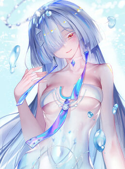 1girl bare_shoulders breasts closed_mouth collarbone colored_eyelashes commentary earrings fingernails grey_hair hair_ornament hair_over_one_eye halo hand_up highres ina_(mikamixx) jewelry light_blush long_fingernails long_hair looking_at_viewer medium_breasts mornye_(wuthering_waves) nail_polish navel red_eyes see-through_body smile solo stomach triangle_earrings upper_body white_nails wuthering_waves