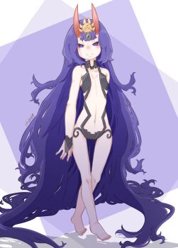 1girl absurdly_long_hair alternate_hair_length alternate_hairstyle asagirimao barefoot blush commentary_request fate/grand_order fate_(series) flat_chest full_body headpiece highres horns long_hair looking_at_viewer navel oni purple_hair shuten_douji_(fate) skin-covered_horns smile solo thigh_gap toes very_long_hair