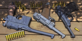 9x19mm_parabellum ammunition ammunition_focus bullet cartridge clip_(weapon) cocked_hammer commentary_request country_connection dappled_sunlight gun handgun handgun_cartridge hase_yu luger_p08 mauser_c96 military_cartridge no_humans original pistol_cartridge still_life stripper_clip sunlight trigger walther walther_p38 weapon weapon_focus weapon_name wooden_floor