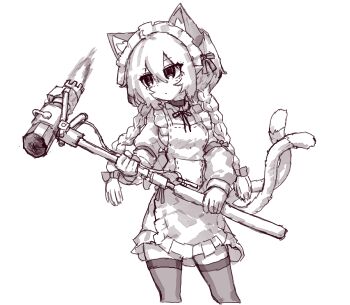 Rule 34 | 1girl, absurdres, alternate costume, animal ear fluff, animal ears, apron, bow, braid, cat ears, cat tail, choker, closed mouth, commentary, dress, enmaided, extra ears, greyscale, hair bow, hammer, highres, holding, holding hammer, kaenbyou rin, korean commentary, long hair, long sleeves, maid, maid apron, maid headdress, monochrome, multiple tails, neck ribbon, nekomata, pointy ears, rampa93, ribbon, solo, tail, thighhighs, touhou, twin braids, two tails