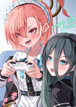 2girls :d absurdres ahoge aris_(blue_archive) black_hair black_nails blue_archive blue_eyes blush braid brown_halo center_frills collared_shirt commentary_request controller double-parted_bangs earrings eyelashes eyes_visible_through_hair fang frilled_shirt frills game_controller green_halo hair_between_eyes halo hands_up highres holding holding_controller holding_game_controller huge_ahoge id_card indoors jewelry long_hair long_hair_between_eyes looking_ahead mahoro_(minase_mahoro) maid maid_headdress mole mole_under_each_eye mole_under_eye multiple_girls multiple_moles nail_polish neru_(blue_archive) open_mouth orange_hair playing_games rectangular_halo red_eyes ringed_eyes shirt short_hair single_braid smile smirk straight_hair stud_earrings teeth tongue tsurime upper_body upper_teeth_only v-shaped_eyebrows white_shirt