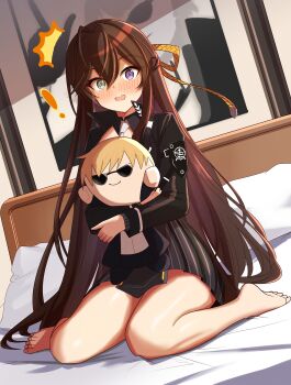 ! absurdres barefoot black_jacket black_skirt brown_hair commentary_request counter:side green_eyes hair_between_eyes heterochromia highres jacket karin_wong long_hair osunahanko purple_eyes sitting skirt thighs wariza