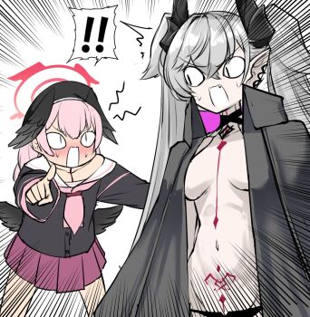 ! !! &lt;|&gt;_&lt;|&gt; 2girls ^^^ asymmetrical_sidelocks bare_legs black_choker black_coat black_hat black_horns black_panties black_serafuku black_shirt black_wings blue_archive blush body_markings breasts breasts_apart choker coat crossover earrings emphasis_lines fate/grand_order fate_(series) grey_hair groin hair_between_eyes halo hat head_wings high_collar highres horns jewelry koharu_(blue_archive) lilith_(fate) lilith_(second_ascension)_(fate) long_hair long_sleeves looking_at_another low_wings medium_breasts multiple_girls navel neckerchief no_shirt nubebenbe open_clothes open_coat open_mouth pale_skin panties pendant_choker pink_hair pink_neckerchief pleated_skirt pointing pointing_at_another pointy_ears pubic_tattoo purple_skirt red_halo revealing_clothes sailor_collar school_uniform serafuku shirt sidelocks sideways_glance skirt spoken_exclamation_mark standing tattoo trait_connection twintails two-sided_coat two-sided_fabric underwear v-shaped_eyebrows very_long_hair white_background white_sailor_collar wings