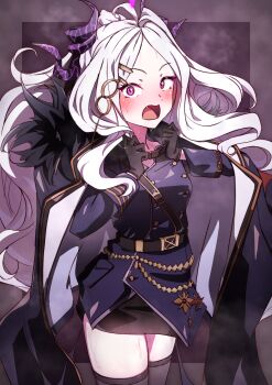 1girl :o absurdres adjusting_clothes ahoge belt black_coat black_gloves black_skirt blue_archive blush coat coat_on_shoulders commentary_request demon_girl demon_horns demon_wings embarrassed fur-trimmed_coat fur_trim gloves hair_ornament hair_ribbon hairclip half_updo halo highres hina_(blue_archive) horns hot long_hair long_sleeves looking_at_viewer military_uniform open_clothes open_coat parted_bangs pencil_skirt purple_eyes ribbon sam_browne_belt side_slit sidelocks simple_background skirt solo steam surprised sweat to_(tototo_tk) wavy_hair white_hair wings